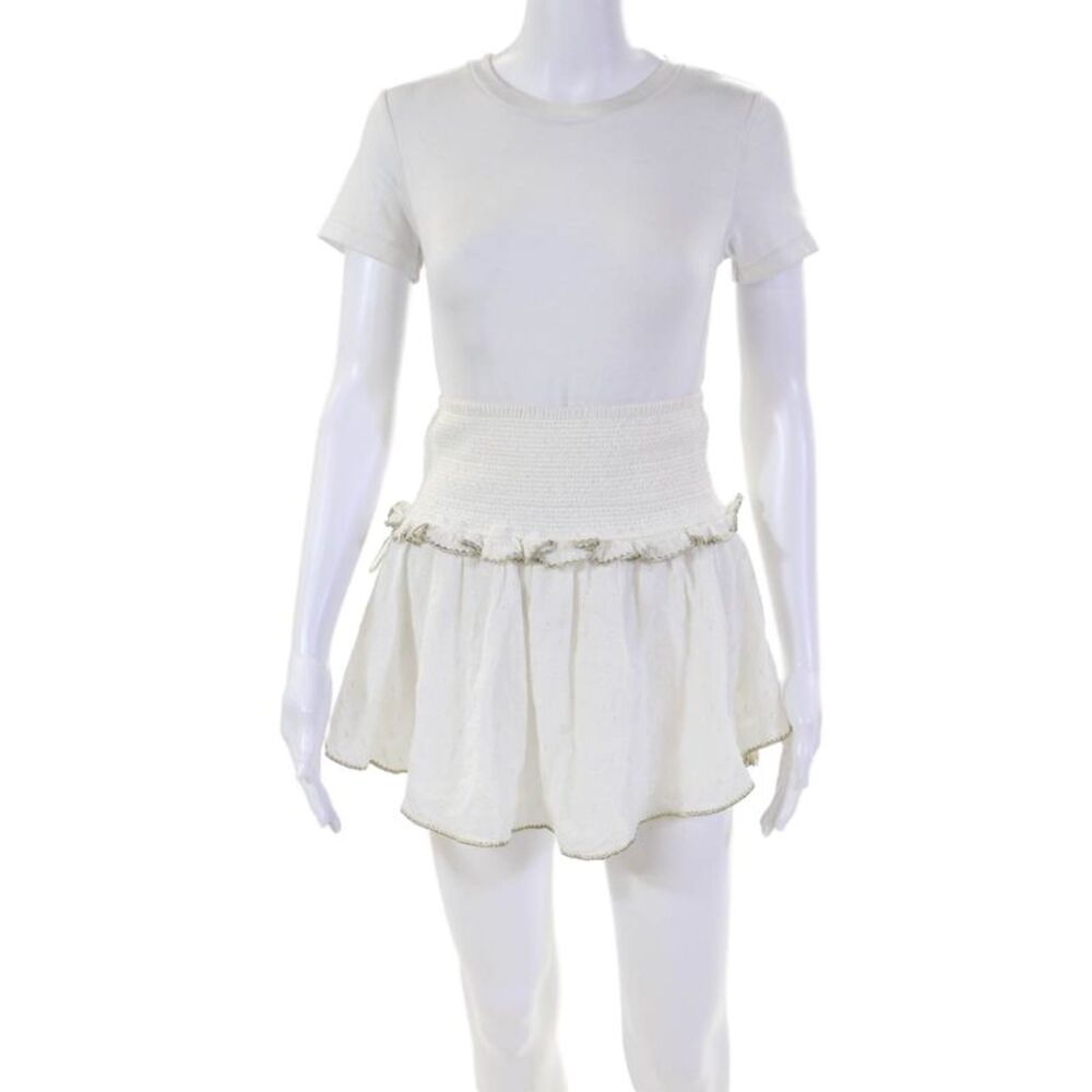 Flannel Womens Cotton Smocked Waist Metallic Trim Mini Skirt White Size 1